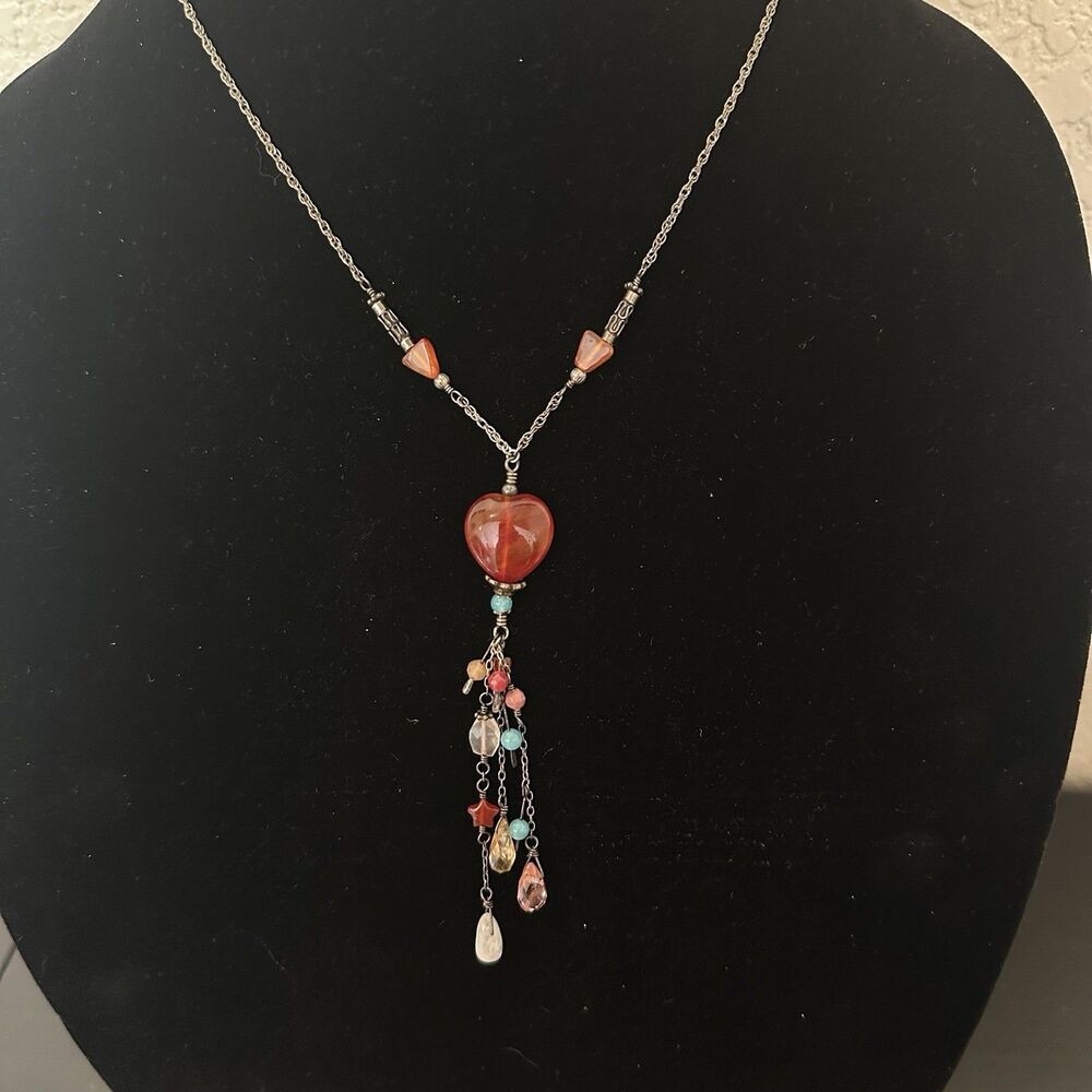 Artisan Beaded Lariat Necklace Beaded Heart With Other Stones